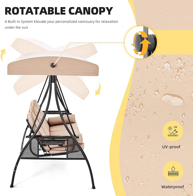 HOMREST 3 Person Outdoor Porch Swing - Image 3