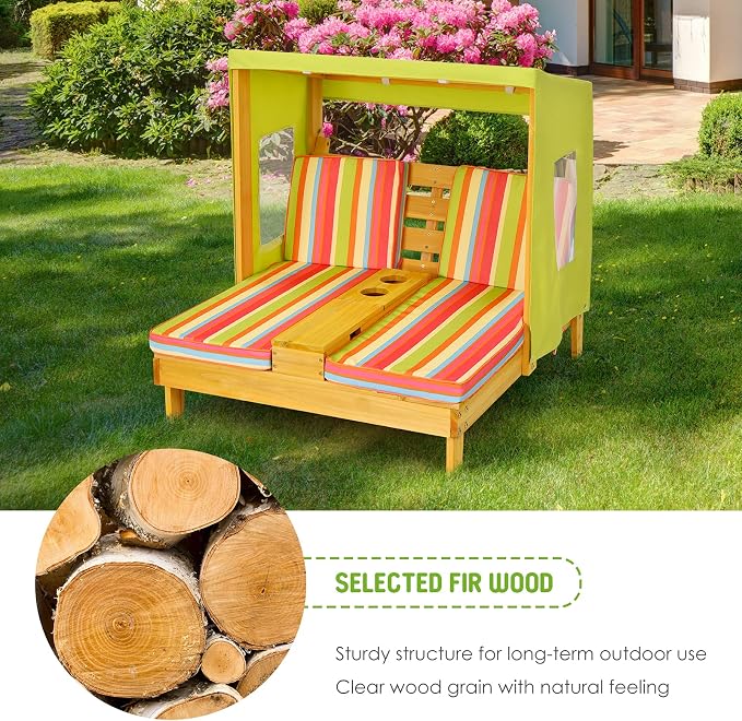 Costzon Kids Lounge Chair Outdoor, Wood Double Seat Chaise Lounge - Image 8