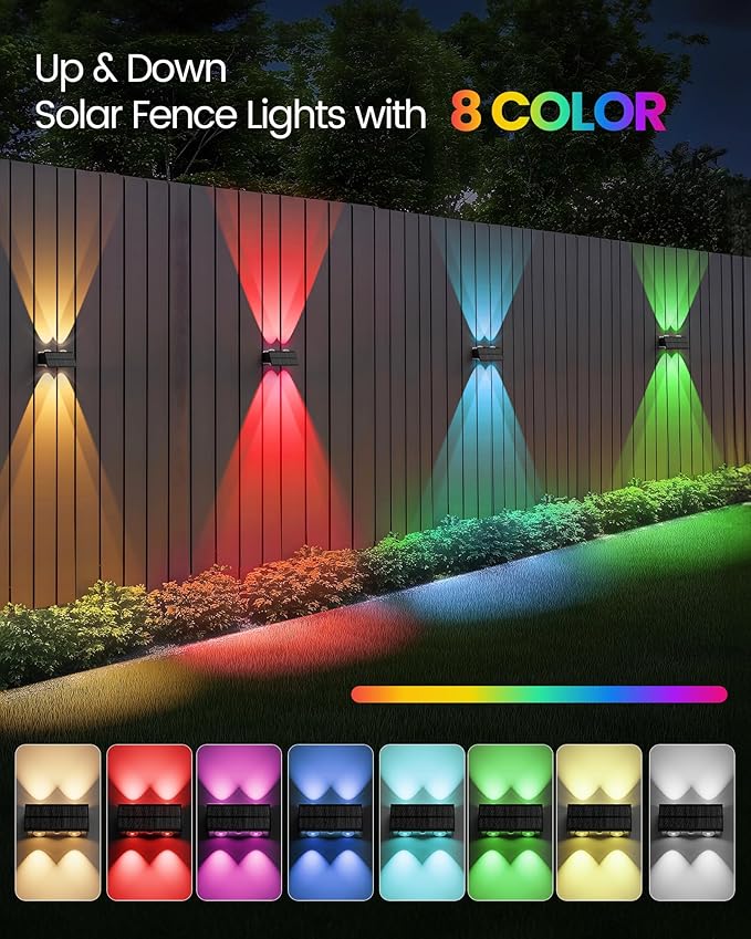 Bridika Solar Fence Lights Outdoor, 6 Pack Up and Down Wall Light, 8 Colors - Image 2