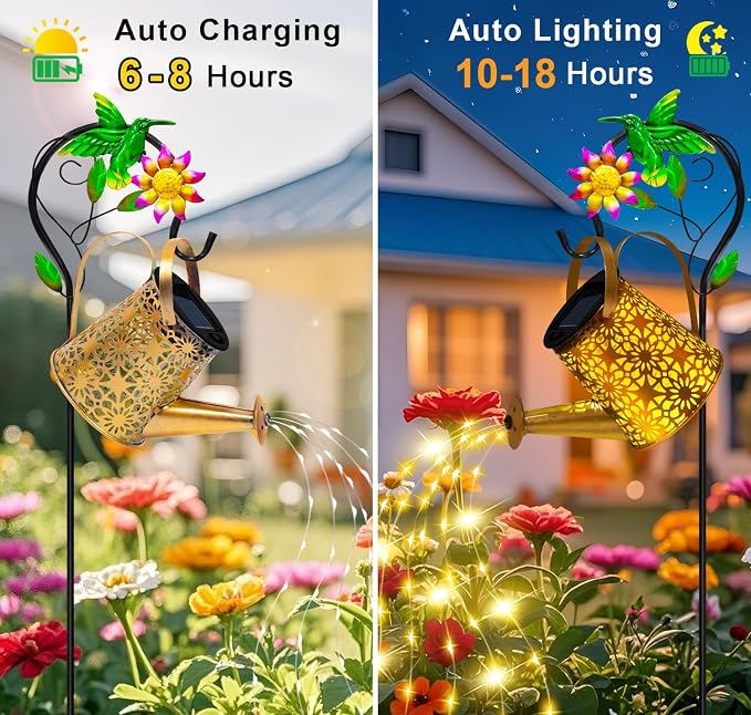 Solar Metal Watering Can with Hummingbird Shepherd Hook and Cascading Lights - Image 2