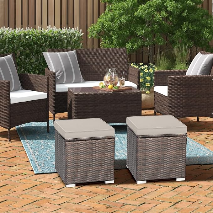 RELAX4LIFE Wicker Outdoor Storage Ottoman, 2-Piece Rattan Footstool w/Removable - Image 8