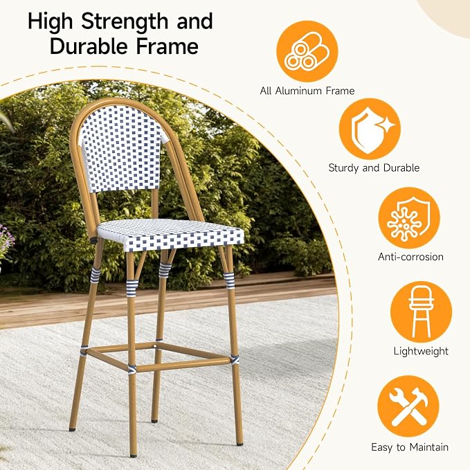 ONBRILL French Bar Stool Set of 2, Wicker Bar Height Stool 29" - Image 5