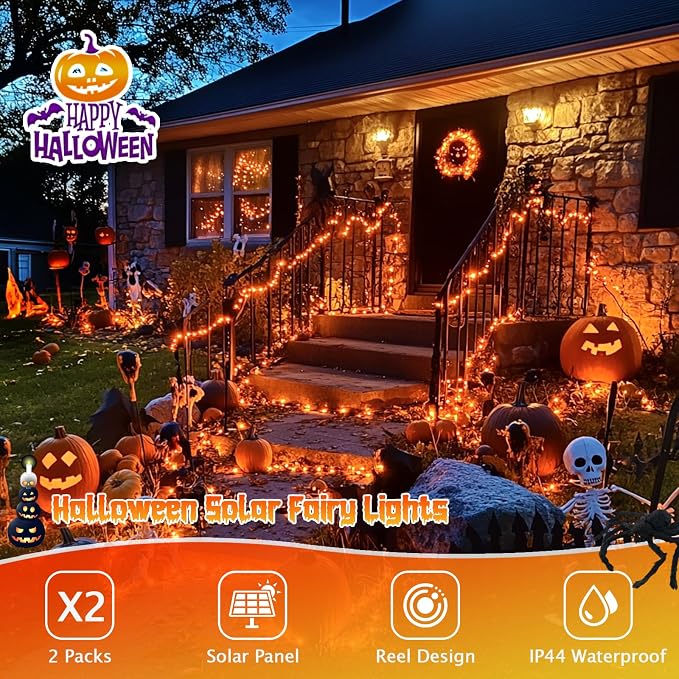 JMEXSUSS 4 Pack Solar Halloween Lights, Total 400 LED 132 FT Orange Solar - Image 2