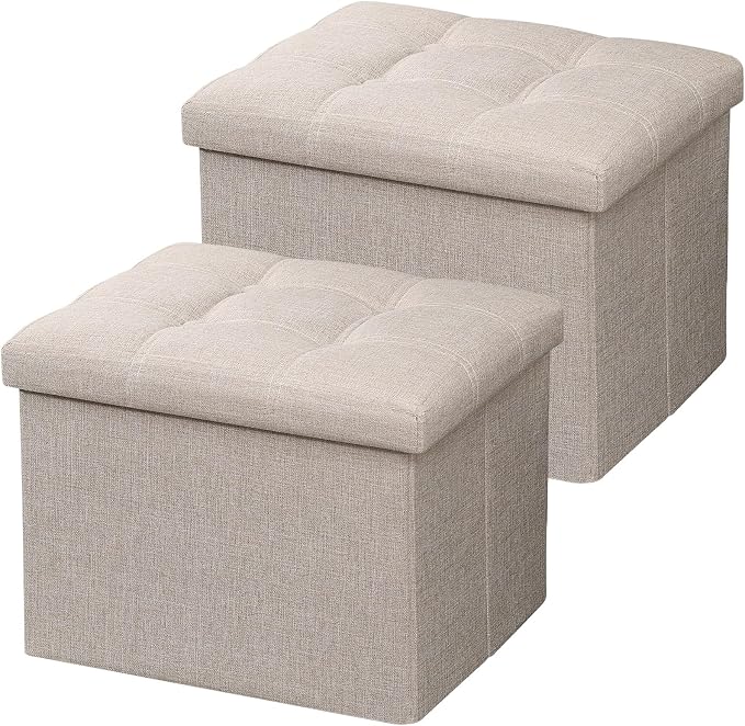 AmasSmile 2PC Ottoman Storage Footrest, 17 inch, Linen Fabric, 43L Hidden by AmasSmile