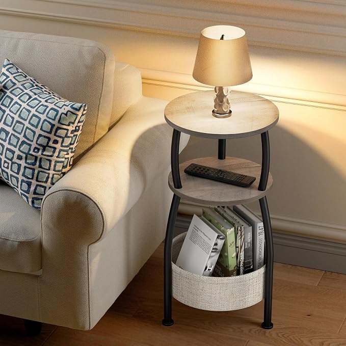 Round Side Table with Storage Basket –Small Space Saving End Table 3-Tier - Image 8