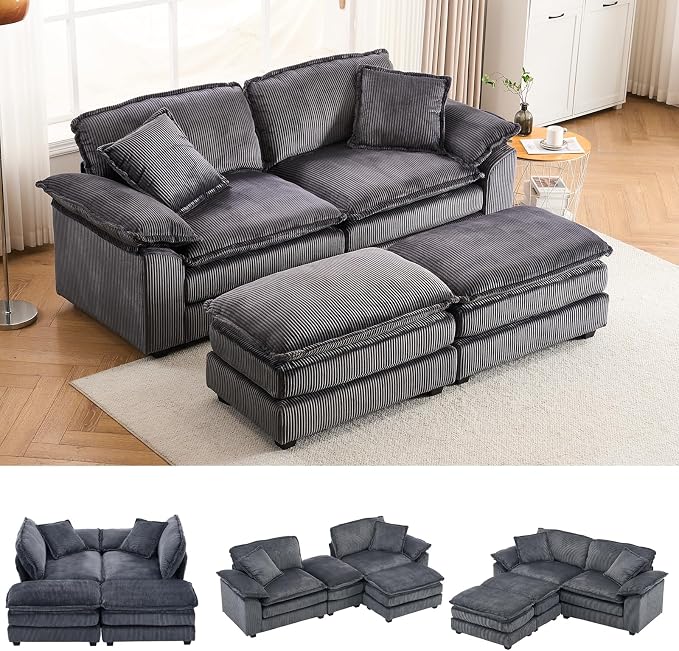 84.6” Corduroy Loveseat with Ottoman, Oversized Double Chaise Lounge Chair by ZXDesign
