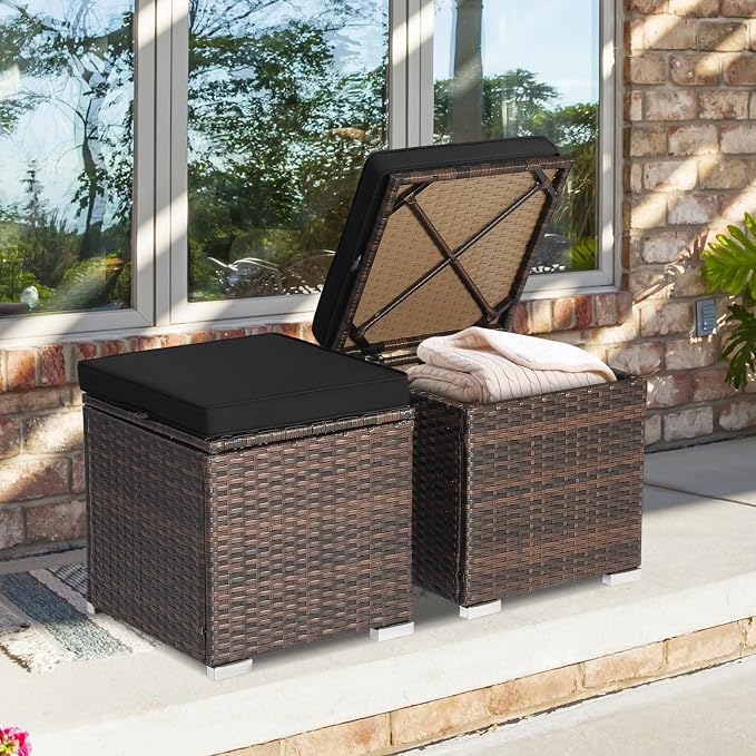 Tangkula 2 Pieces Patio Ottomans, Patiojoy Hand-Woven PE Rattan Side Table - Image 4