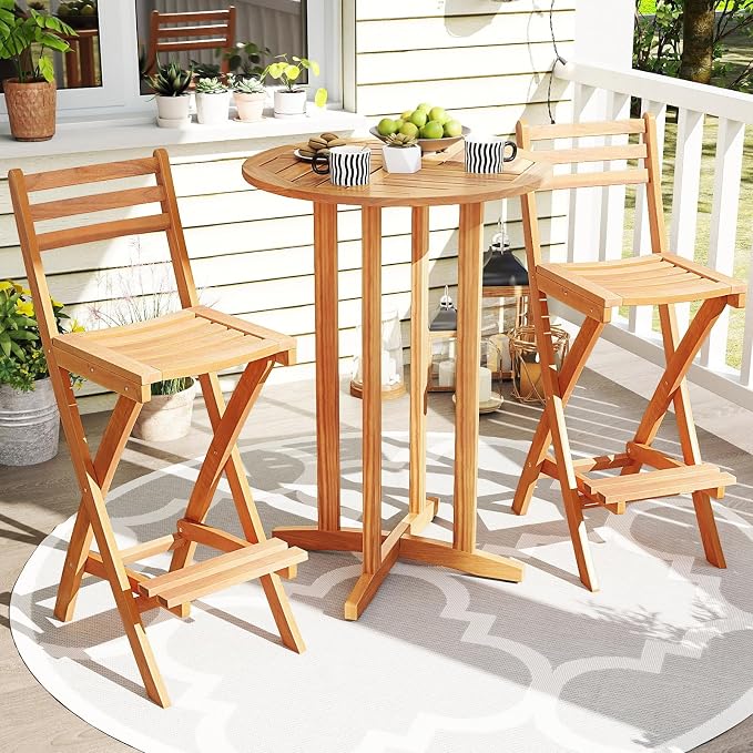 Tangkula Patio Folding Barstool, Outdoor Portable High Top Acacia Wood Bar - Image 2