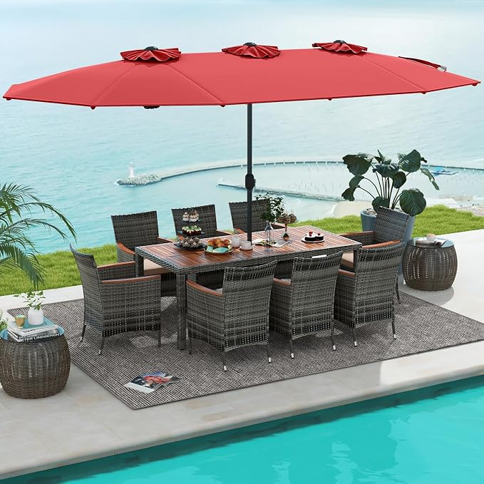 Tangkula 10 Pieces Patio Wicker Dining Set w/Double-Sided Patio Umbrella by TANGKULA