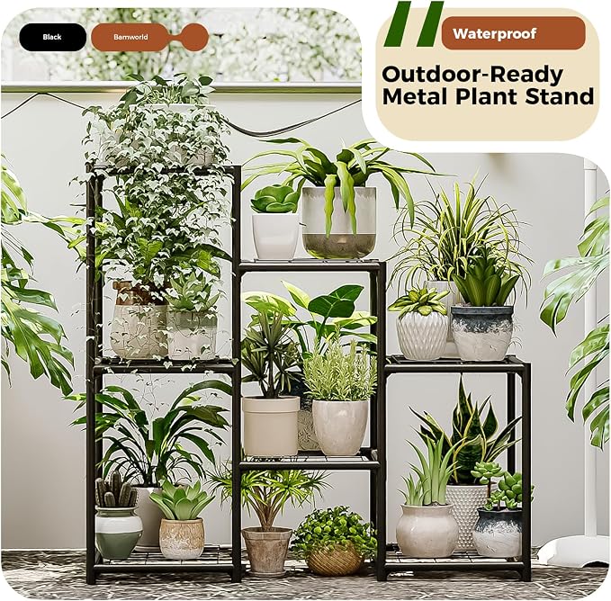 Bamworld Black Plant Stand Outdoor Metal Plant Shelf - Image 2