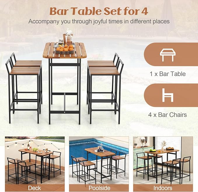 Tangkula 5 Piece Acacia Wood Bar Table Set, Outdoor Bar Height Table & Chairs - Image 9