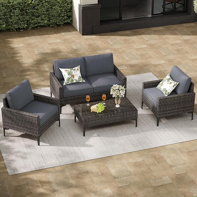 Jing's Villa 4-Piece Outdoor Sectional Sofa Set, All-Weather Wicker Patio by JingsVillaOutdoorFurniture