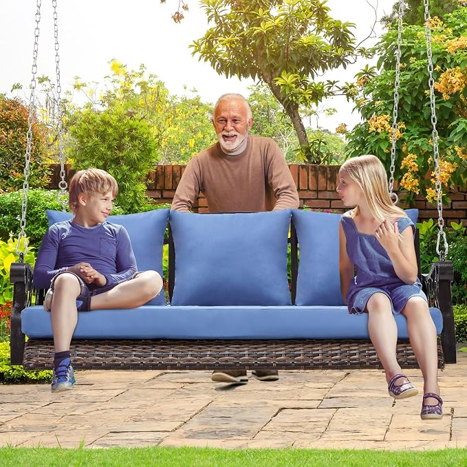 Heavy Duty 900 LBS Porch Swing Chair 3-Person Outdoor Rattan Patio Swing Lounge - Image 7