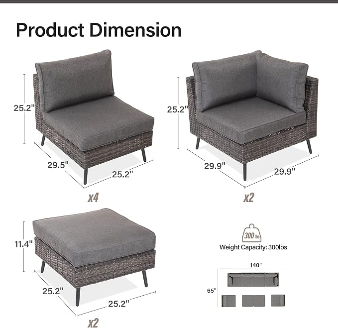 LAUSAINT HOME 8 Piece Outdoor Sectional Sofa PE Rattan Patio Conversation Sets - Image 6