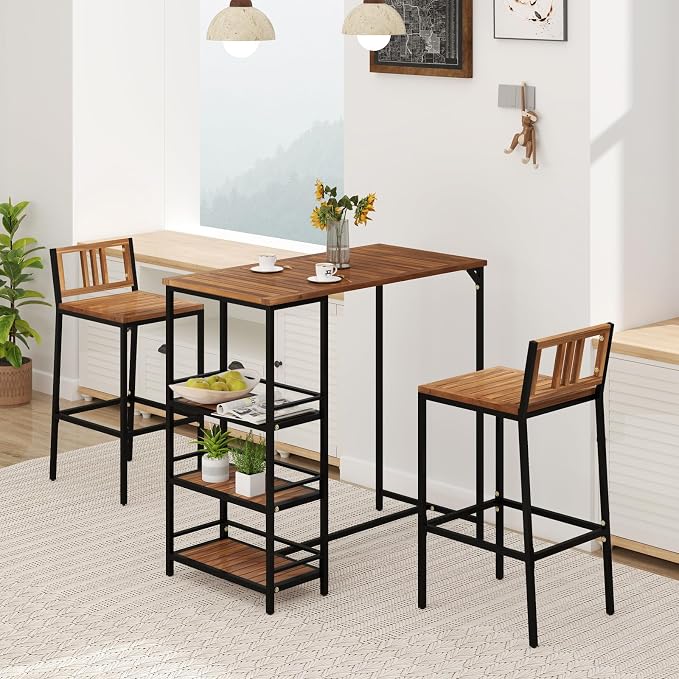 Tangkula Outdoor Wood Bar Set, 3 Pieces Patio Bar Height Table & Chair Set w/ - Image 9
