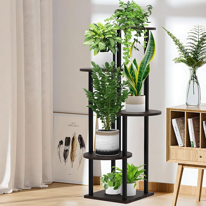 5 Tier Wood Tall Plant Stand Metal Rack Indoor, Round Planter Shelf Display - Image 5