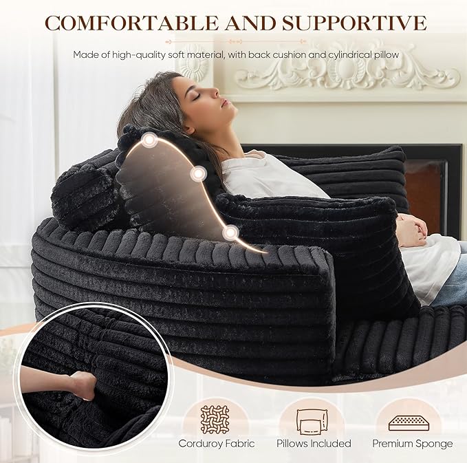 Oversized Round Chaise Longue Chair Indoor, Modern 55-inch Upholstered Corduroy - Image 4