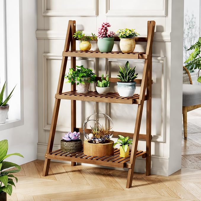 39.4" Bamboo Ladder Shelf Plant Shelf, 3 Tier Foldable Ladder Flower Pot - Image 2