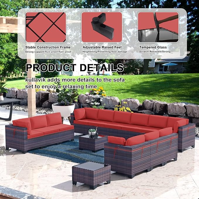 Kullavik 14 Pieces Outdoor Patio Furniture Set PE Wicker Rattan Sectional Sofa - Image 3
