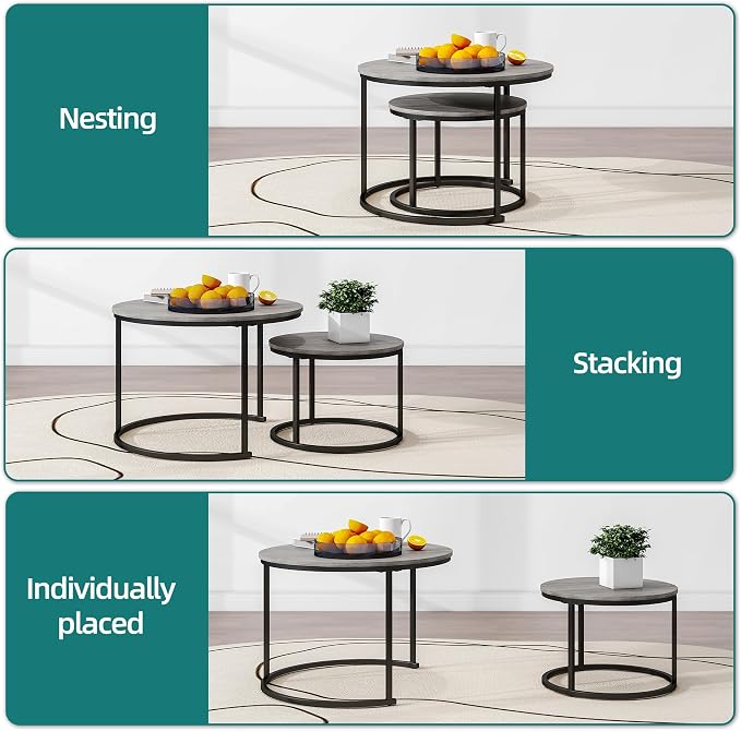 HOJINLINERO Round Coffee Table, Nesting Coffee Table Set of 2, Center Tables - Image 5