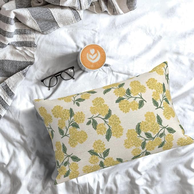Mustard Yellow Outdoor Pillow Covers 12x20 Inch 2 Pcs Green Hydrangea Flower - Image 3