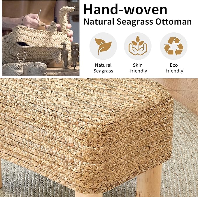 Ottoman Foot Stool Rectangular Footrest Natural Seagrass Footstool - Image 7