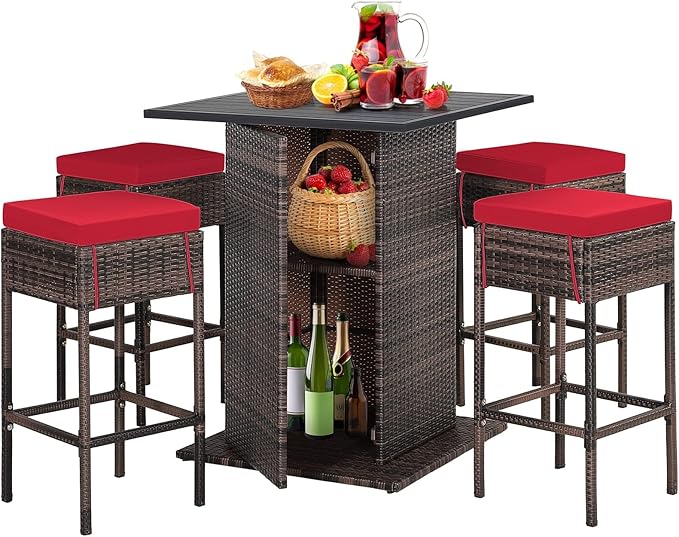 HAPPYGRILL 5 Pieces Rattan Bar Set, Outdoor Wicker Bar Table and 4 Bar Stools by HAPPYGRILL