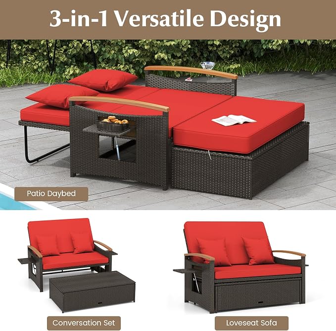 LDAILY Moccha Outdoor Wicker Daybed, Patio Rattan Loveseat Sofa w/ 4-Level - Image 5