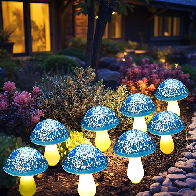 Solar Mushroom Lights Garden Decor 8 Blue Crack Mushrooms Outdoor Decor Stake - Image 2
