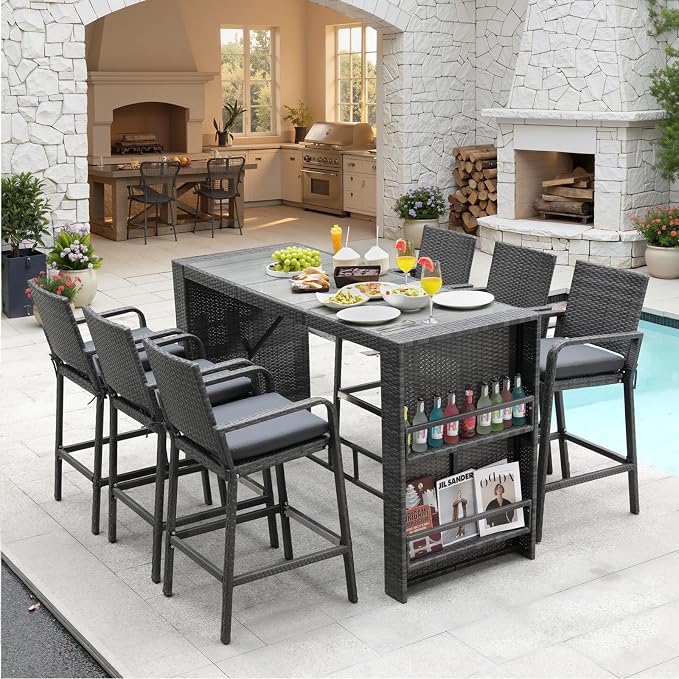 NICESOUL 7-Piece Outdoor Patio Bar Set, Wicker High Top Table - Image 2