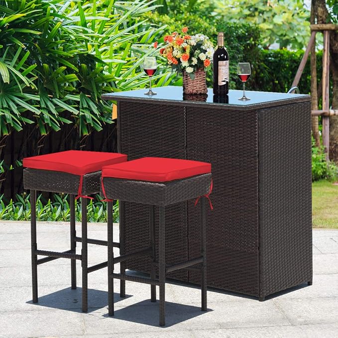 Tangkula Patio Bar Set, 3 Piece Outdoor Rattan Wicker Bar Set - Image 2