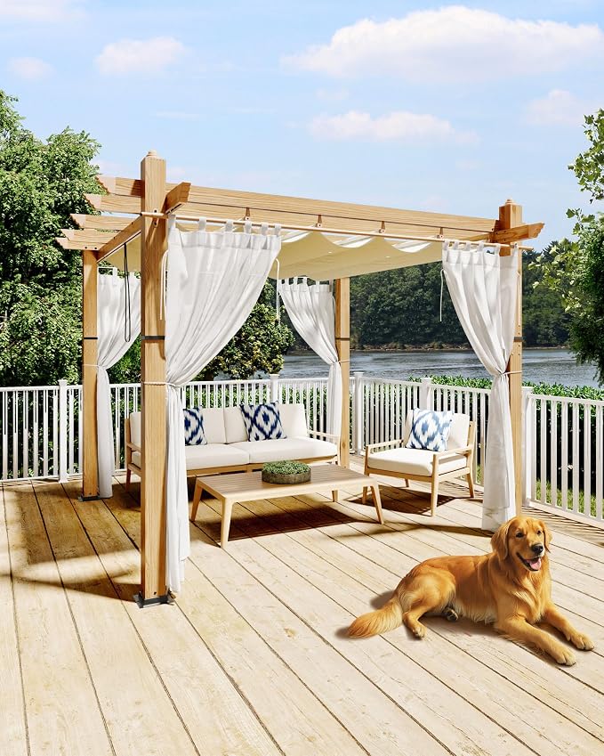 10x10 Ft Outdoor Pergola with Retractable Canopy Metal Gazebo Imitation by KYBOLT
