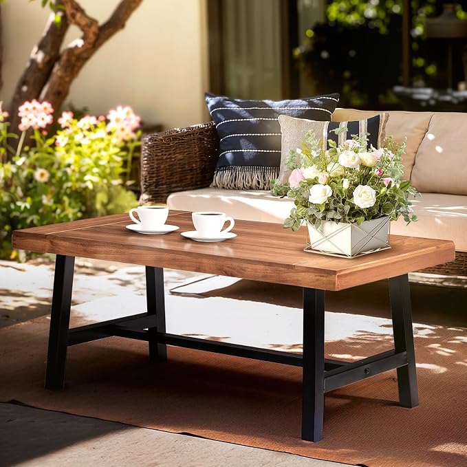 VINGLI Outdoor Wooden Coffee Table, Metal Frame Heavy Duty Patio Coffee Table - Image 7