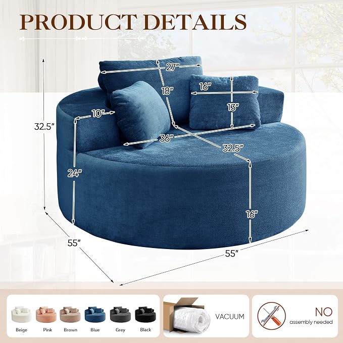 Antetek Oversized Round Chaise Longue Chair Indoor, Modern 55-inch Upholstered - Image 2