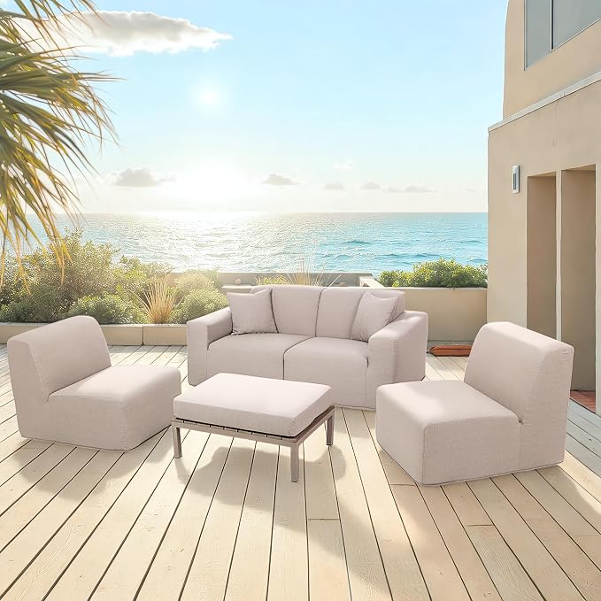 5 Piece Outdoor Beige Compressed Foam Sectional Sofa and Table Set by DekoLiving