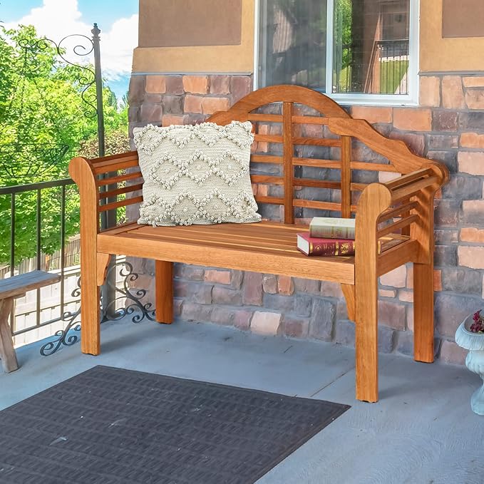 COSTWAY Folding Wooden Bench Outdoor, Crown-Like High Backrest, Patio - Image 2