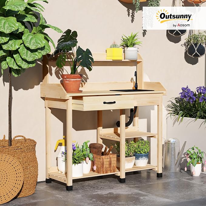 Outsunny Potting Bench Table, Outdoor Garden Table Wooden Work Station - Image 2