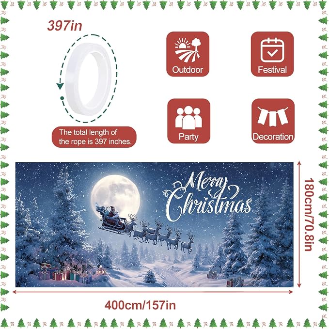Merry Christmas Garage Door Cover 6x13FT, Santa Sleigh Flying Across Full Moon - Image 4