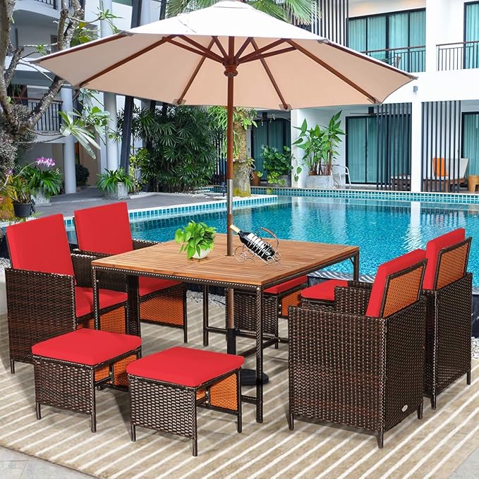 Tangkula 9 Pieces Acacia Wood Patio Dining Set, Space Saving Wicker Chairs and - Image 3