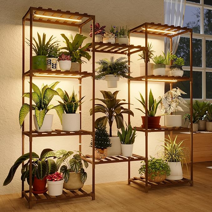 Bamworld Plant Stand with Grow Lights Large Plant Shelf by Bamworld