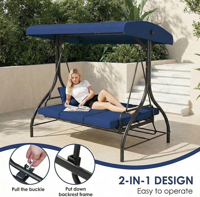 MAMIZO 3-Seat Patio Swing with Adjustable Canopy & Backrest, Outdoor Porch - Image 4
