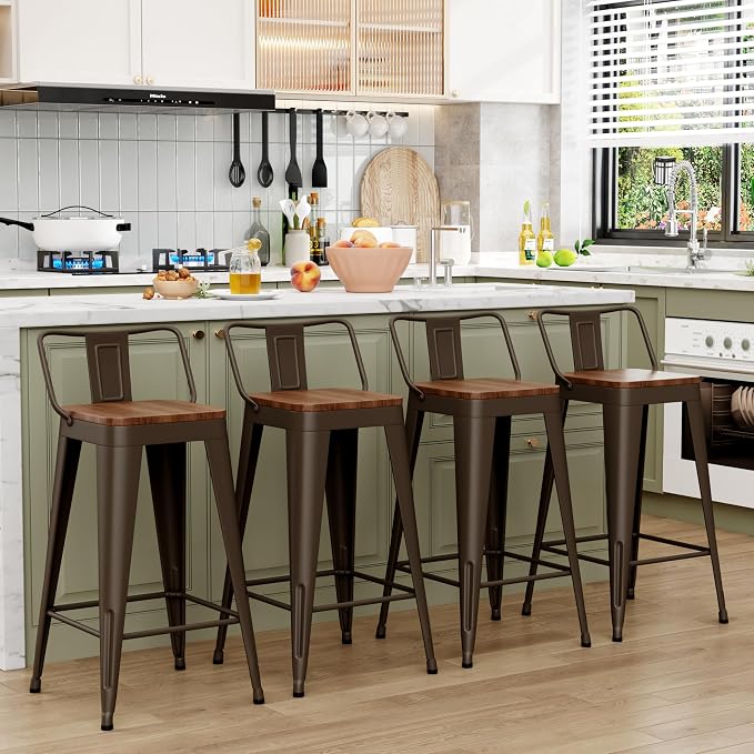 WENTMENT Industrial Rusty Bar Stools Set of 4, Wooden Seat, Removable Back - Image 4