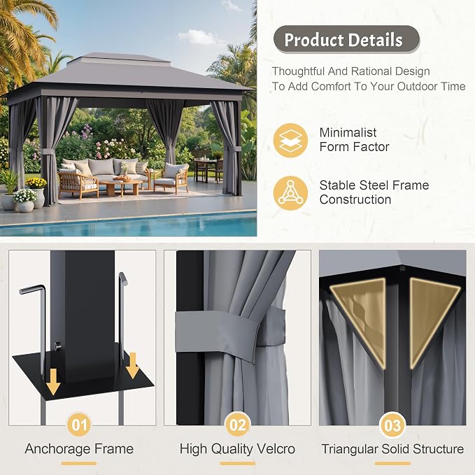 Devoko Outdoor Gazebo for Patio 10'x 13' Heavy Duty Metal Frame Canopy - Image 3