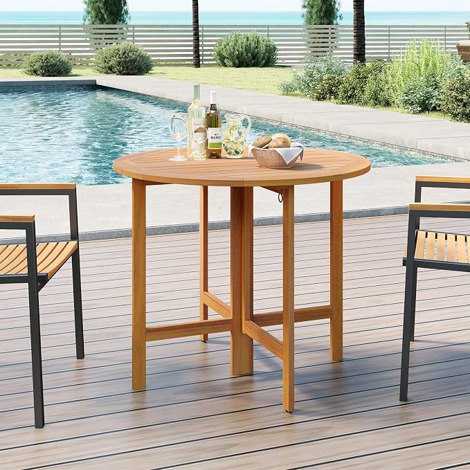 Tangkula 36 Inches Outdoor Folding Round Dining Table, No Assembly Patio Acacia - Image 2