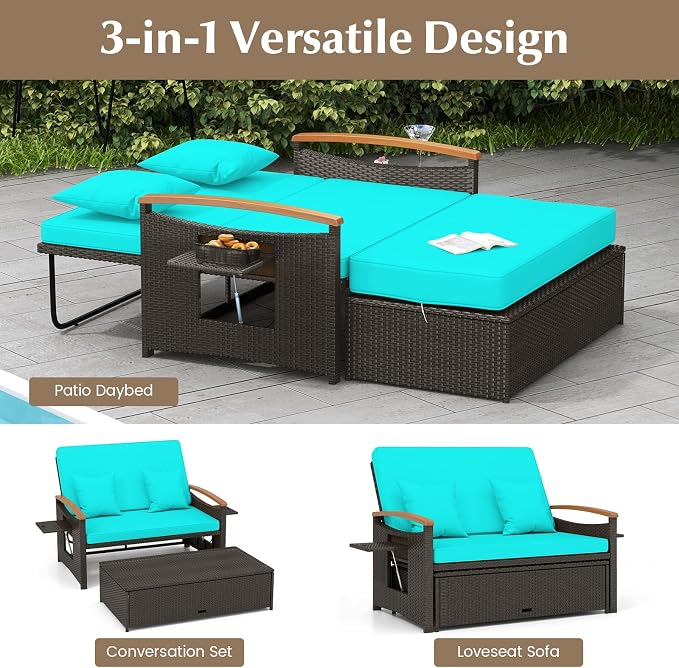 Moccha Outdoor Wicker Daybed, Patio Rattan Loveseat Sofa w/ 4-Level Adjustable - Image 5