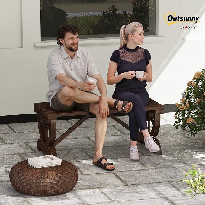 Outsunny 2-Person Wooden Garden Bench, Outdoor Wagon Wheel Porch Bench - Image 2