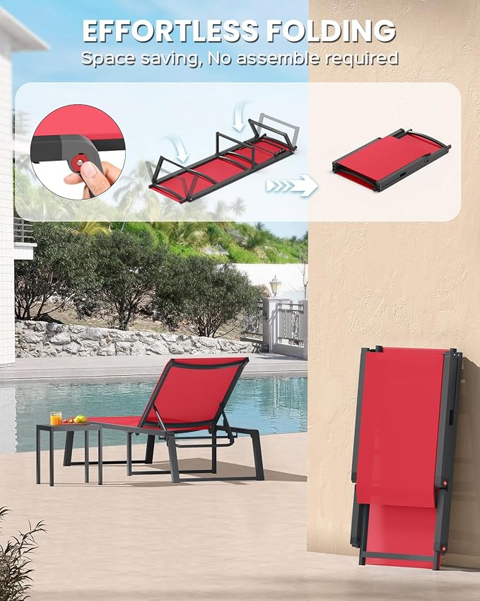 Aluminum Chaise Lounge Chair Outdoor, Foldable & Assembly Free Patio Pool - Image 3
