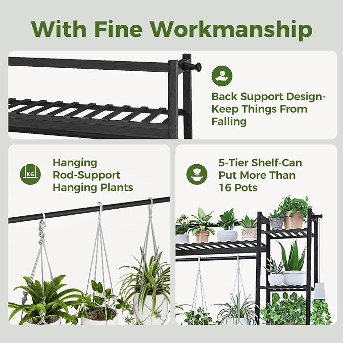 Bamworld Plant Shelf Indoor 55" Tall Bamboo Plant Shelves 5 Tier Hanging Plant - Image 3