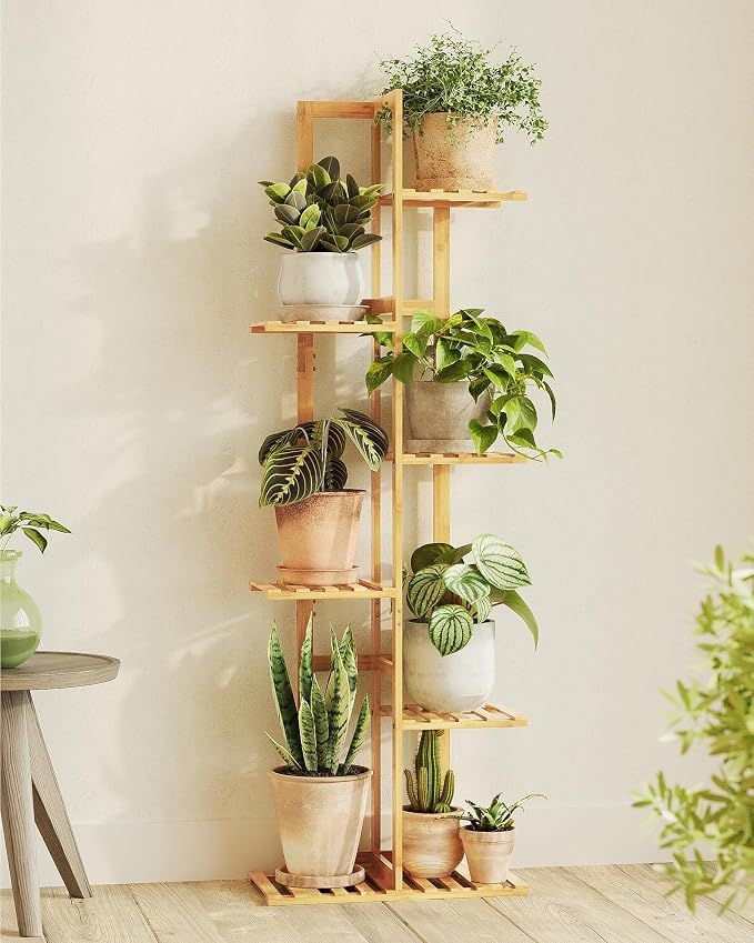 Bamworld Bamboo Plant Stand Indoor 6 Tiered Plant Shelf Outdoor Corner Plant - Image 2