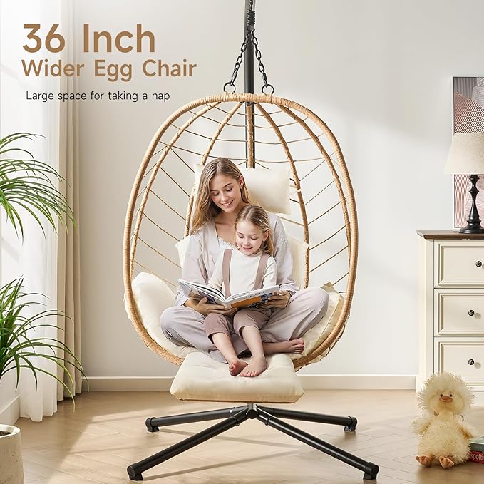 ONBRILL Hanging Egg Chair with Adjustable Footrest & Stand, Wicker Rattan Swing - Image 4